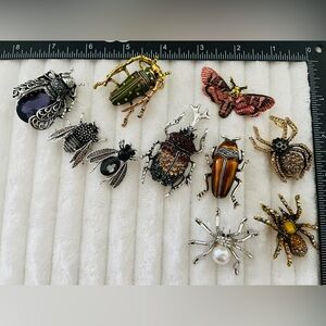 Lot of 10 Insect Brooches Bug Pins Beetle Spider Moth Rhinestone Enamel Jewelry